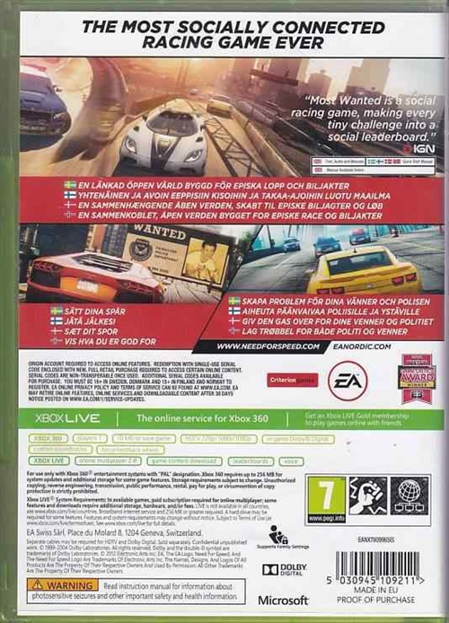 Need for Speed Most Wanted a Criterion Game - XBOX 360 (B Grade) (Genbrug)